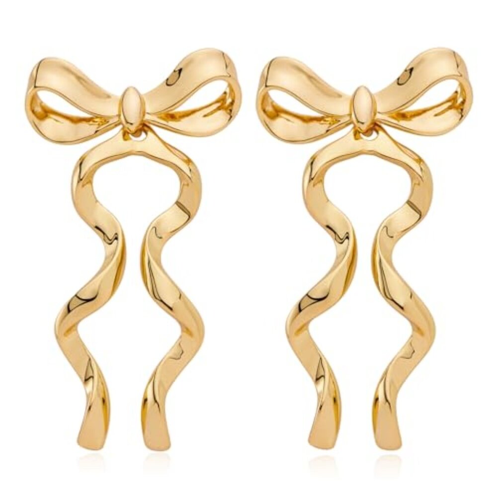 Gold Silver Bow Drop Earrings for Women Long Tassel Chain Bow Earrings